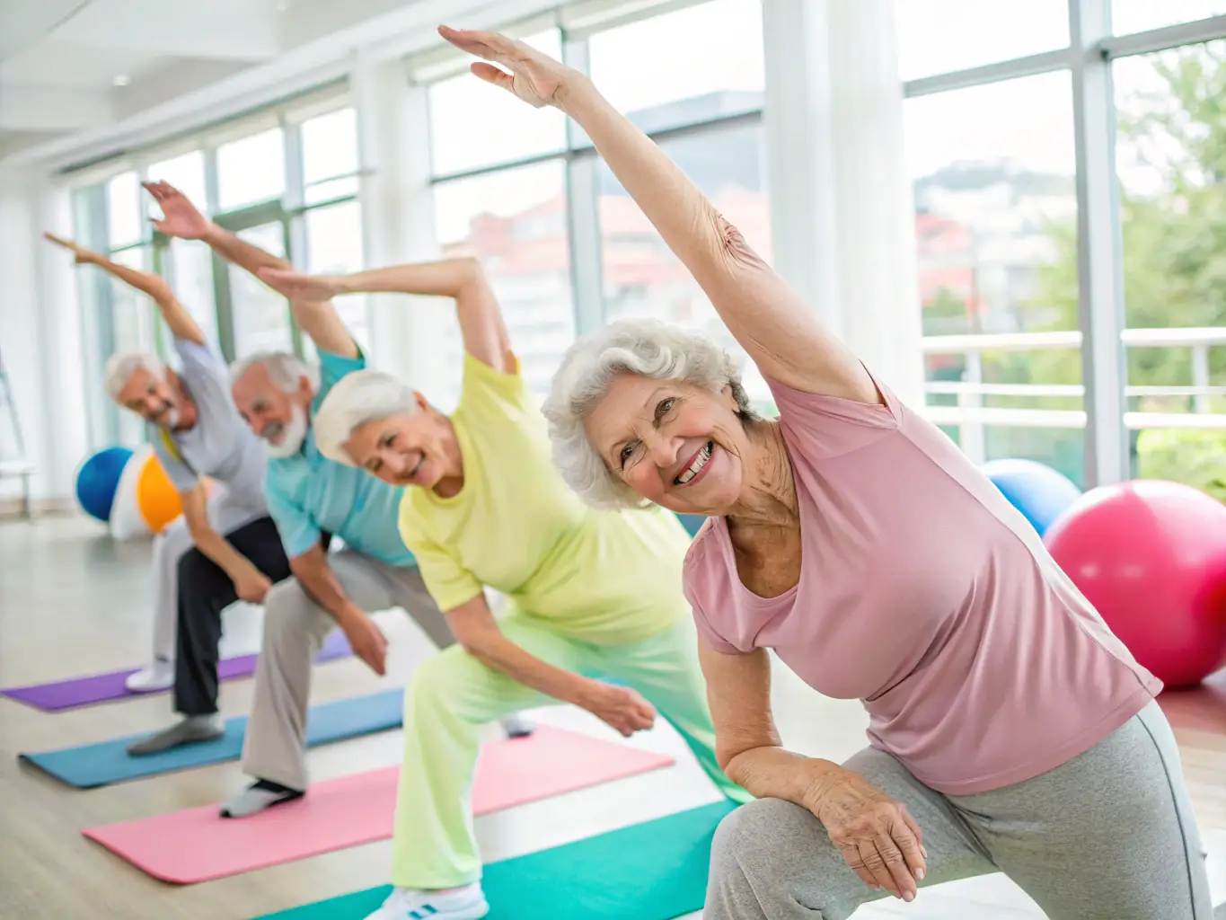 A group of seniors participating in a fitness class, highlighting the inclusive and health-focused environment of FLASH'BALL SPORT's senior programs.