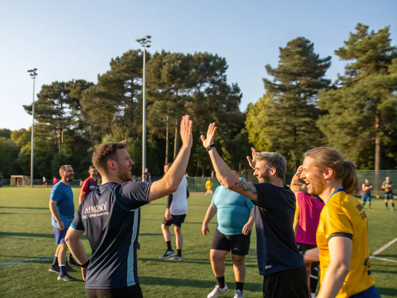 A group of FLASH'BALL SPORT participants celebrating a victory, highlighting the sense of community and camaraderie.