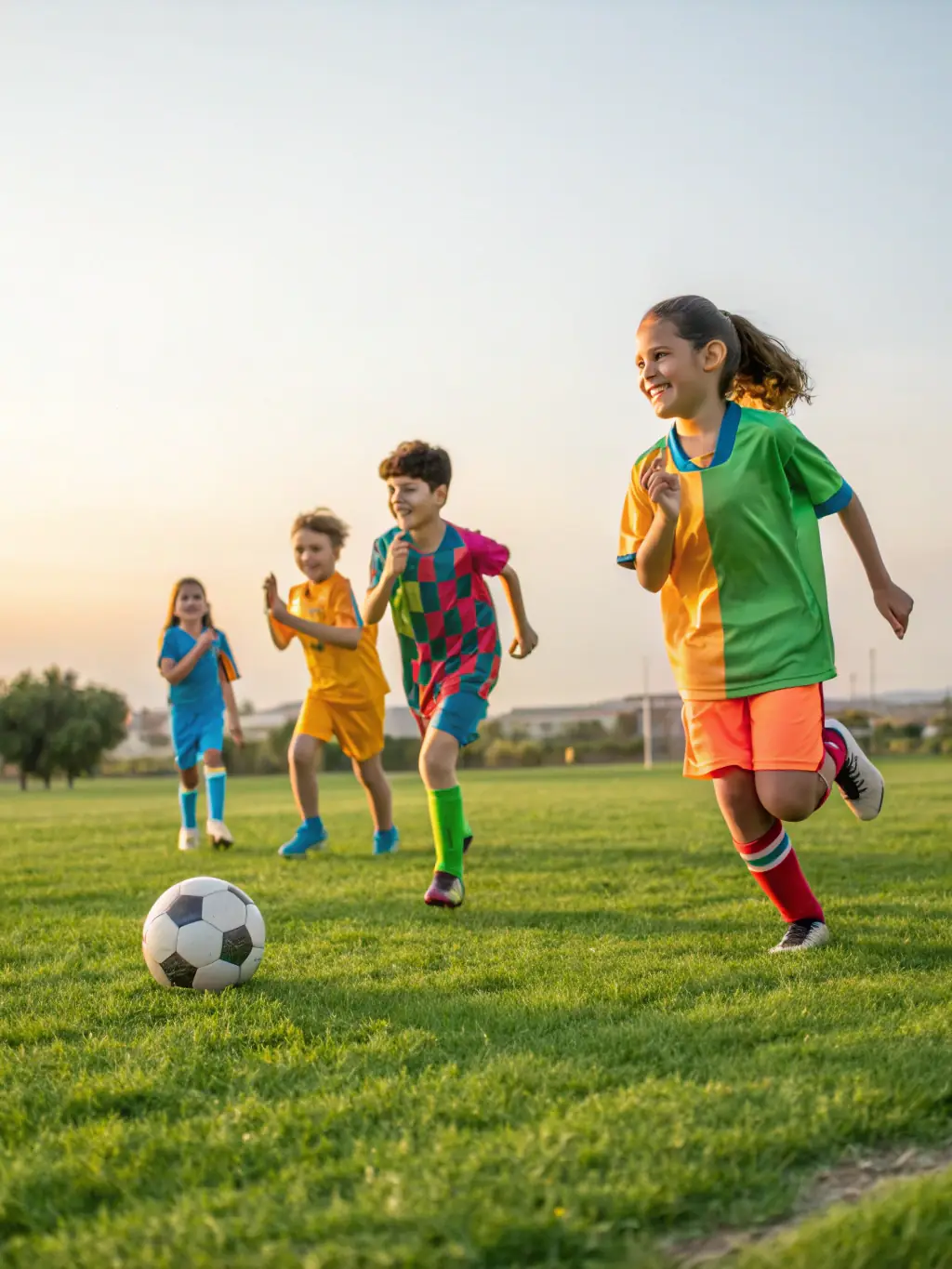 A dynamic image of children participating in a FLASH'BALL SPORT soccer clinic, showcasing skill-building and teamwork.