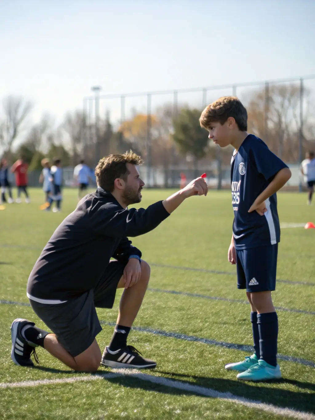 A coach providing personalized instruction to a young athlete, highlighting the skill development aspect of FLASH'BALL SPORT's training programs.