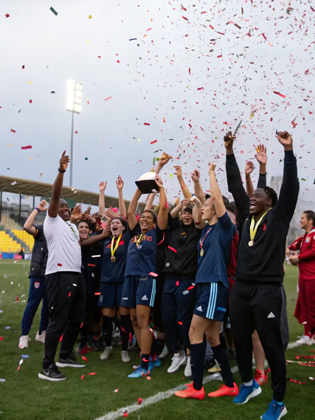 A team celebrating a victory, illustrating the sense of accomplishment and camaraderie that comes with participating in FLASH'BALL SPORT's competitive events.