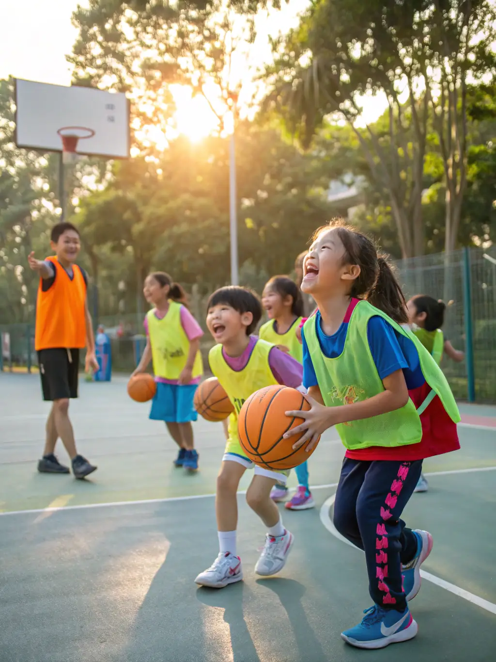 A group of children laughing and playing basketball outdoors, showcasing the fun and social aspects of FLASH'BALL SPORT's youth programs.