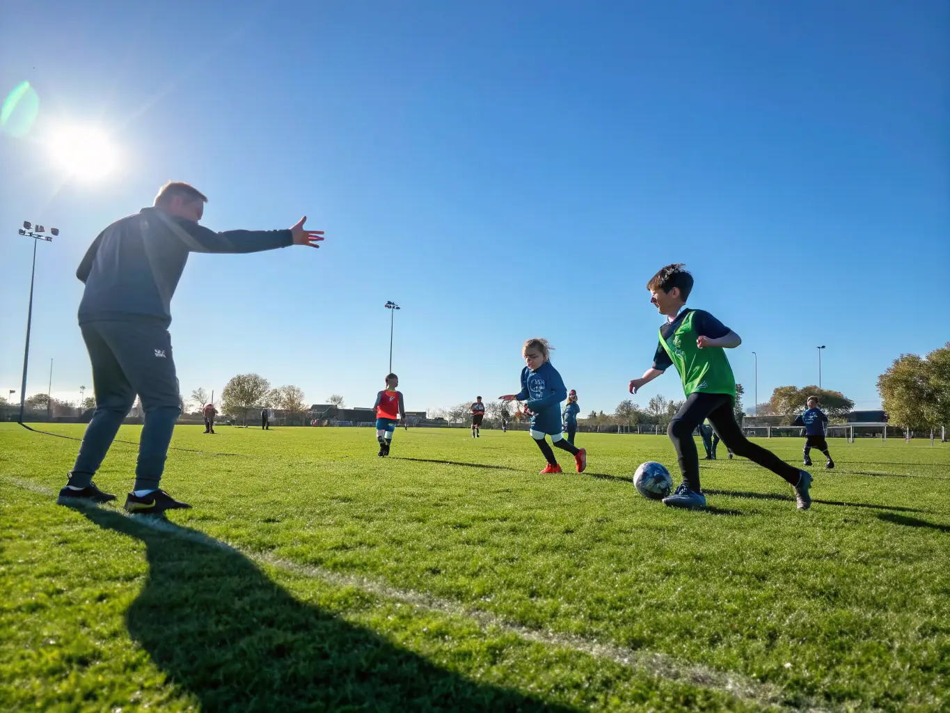 A vibrant image of children participating in a youth soccer league, showcasing teamwork and active engagement during a FLASH'BALL SPORT program.