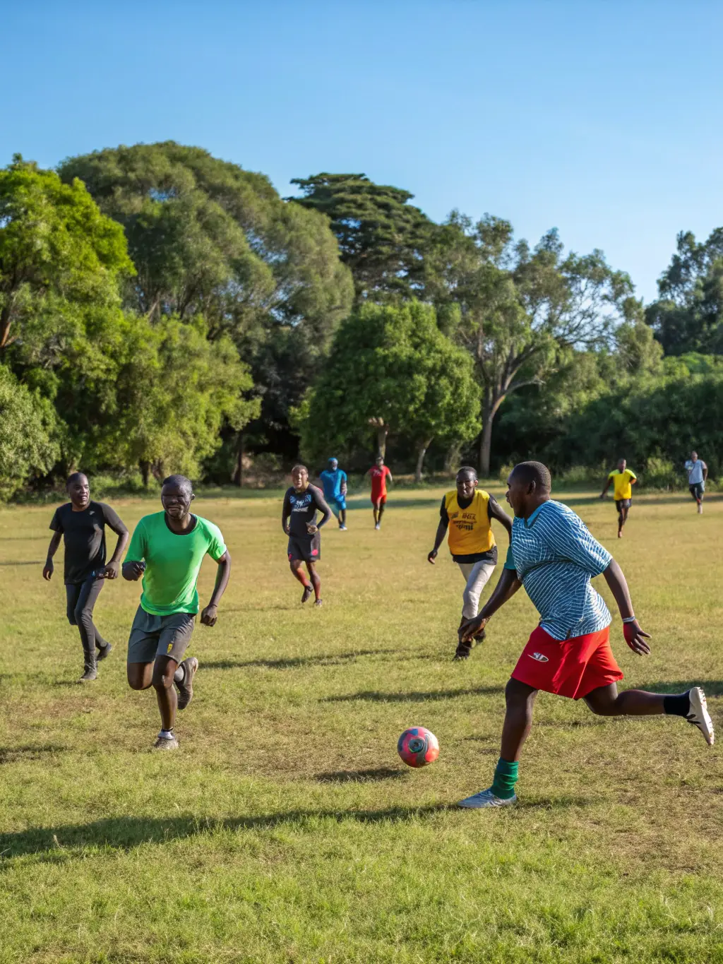 A diverse group of adults participating in a recreational soccer game, emphasizing the inclusive and accessible nature of FLASH'BALL SPORT's activities.