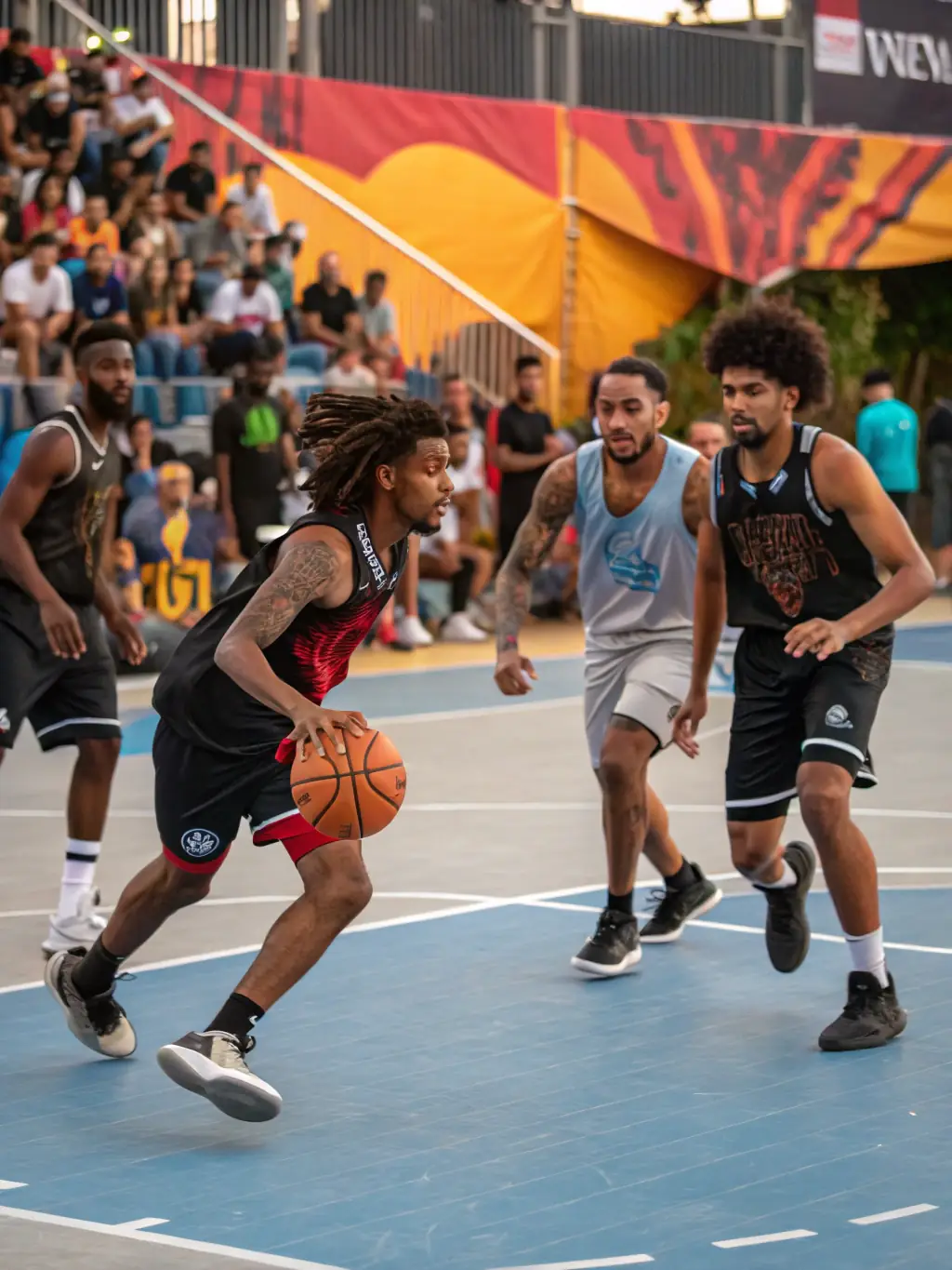 A photo of a diverse group of adults participating in a FLASH'BALL SPORT recreational basketball league, highlighting inclusivity and community engagement.